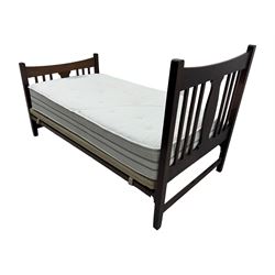 Edwardian inlaid mahogany 3' single bedstead, with headboard, footboard, wooden base and metal side supports; Giltedge 'Astrid 3000' pocket sprung mattress (L190cm, W104cm, D27cm)