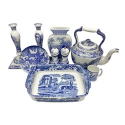 Spode Italian pattern ceramics, including pair of candlesticks, teapot, serving dish, salt and pepper together with Spode Zoological vase etc