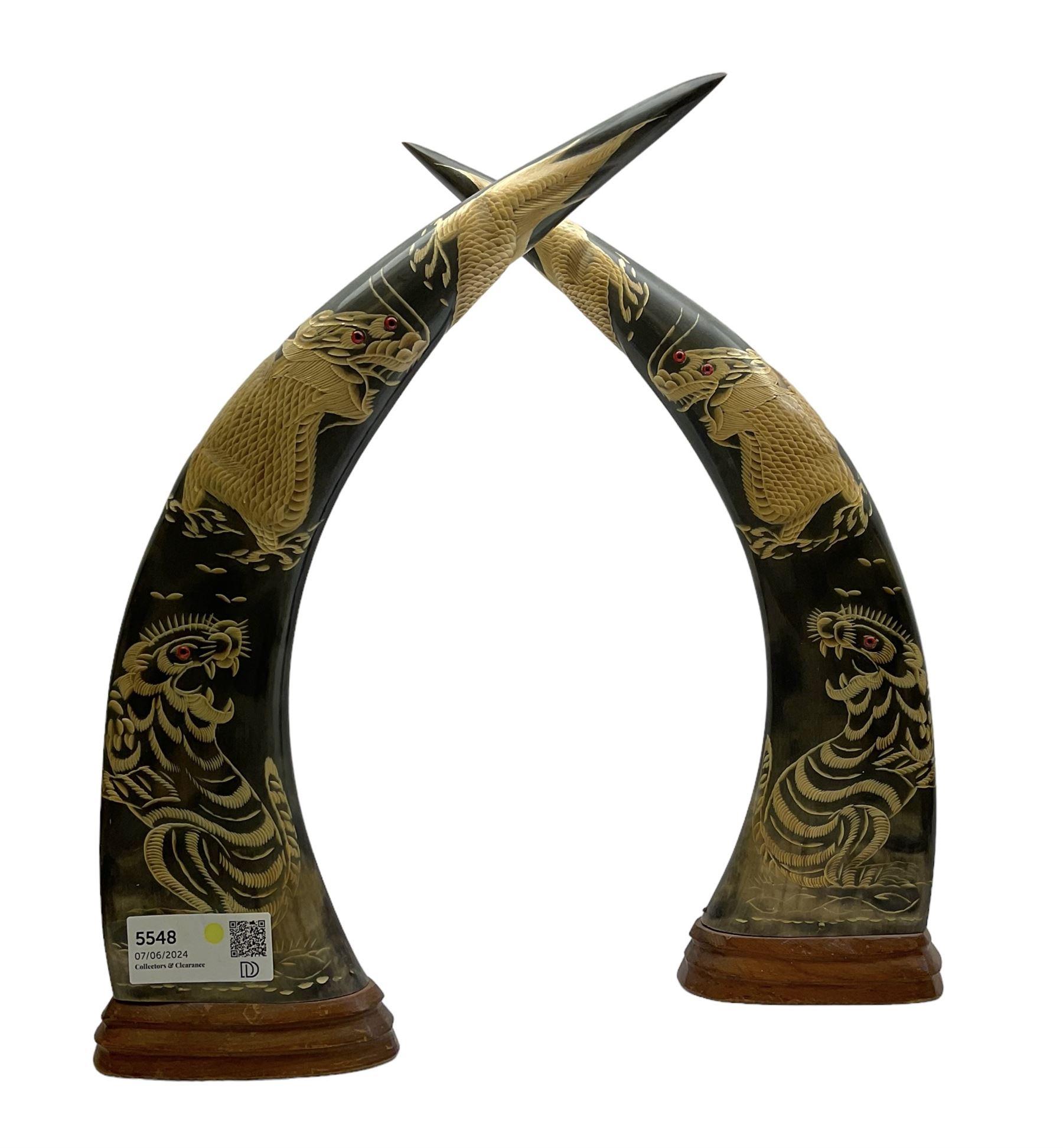 Pair of carved buffalo horns, engraved in low relief with tigers, dragons and birds, upon stepped wooden stands, H42cm
