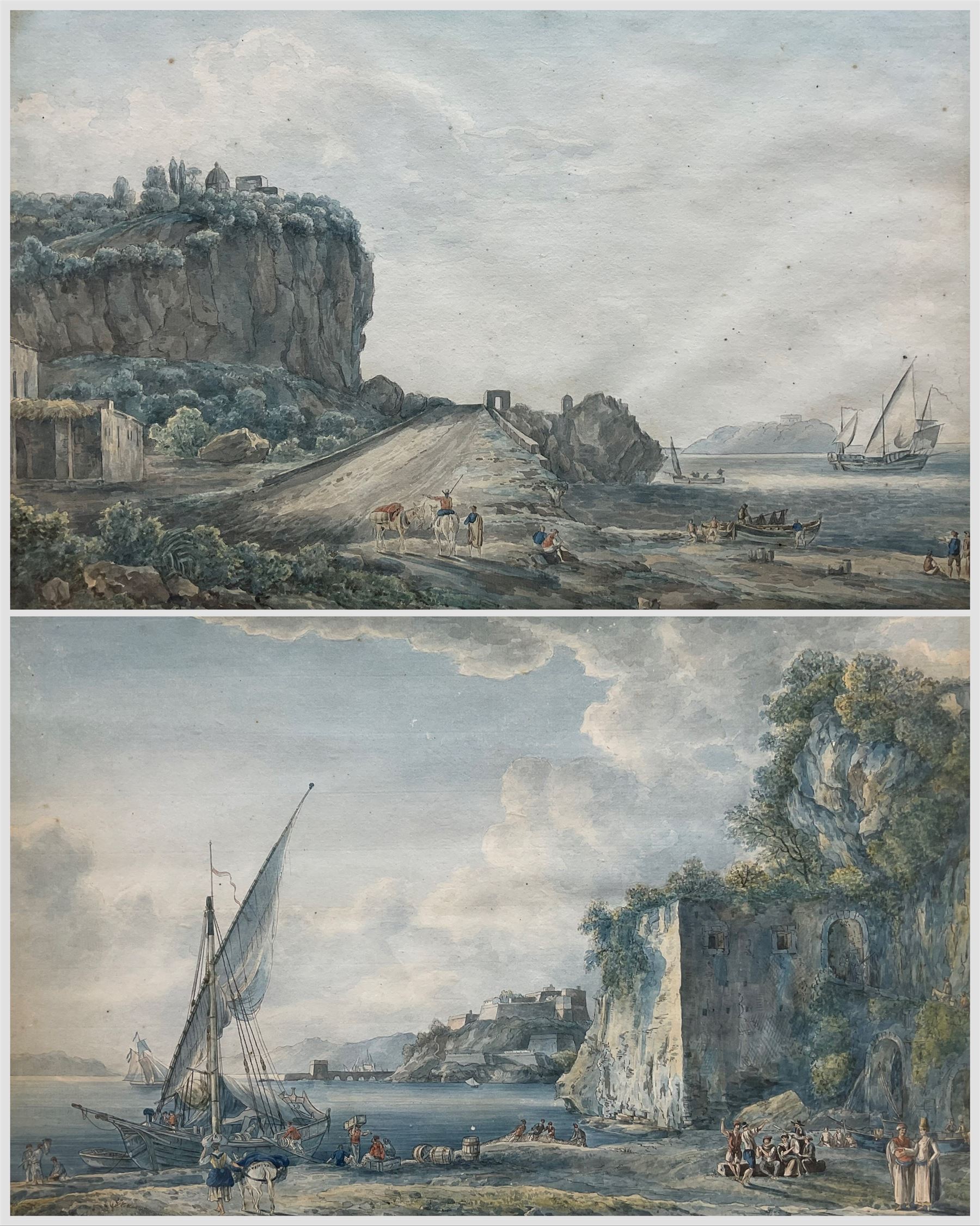 After Abraham-Louis-Rodolphe Ducros (Swiss 1748-1810): View of the Bay of Baiae and an Italian Hillside Villa, pair 18th century watercolours unsigned, one with Sotheby label verso 31cm x 48cm (2) 
Notes: an almost identical watercolour of the Bay of Baiae of a similar size by Ducros was sold in The Ingram Collection, Sotheby's London 8th December 2005 Lot 104.