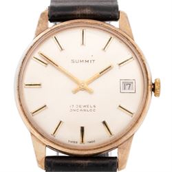 Summit gentleman's 9ct gold manual wind wristwatch, silvered dial with baton hour markers and date aperture, London 1974, on black leather strap