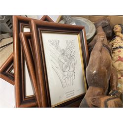 Set of four limited edition M Robson prints depicting Minstrel carvings of Beverley Minster, all in matching glazed frames, together with Thai stone pestle and mortar, carved wood figure, other composite figures etc and leather case