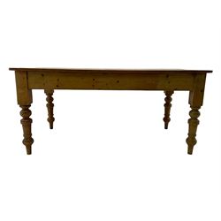 Victorian pine farmhouse dining table, rectangular plank top with rounded corners, on turned supports 
