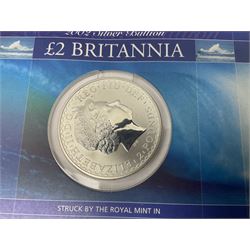 Four Queen Elizabeth II one ounce fine silver coins, comprising Australia 1994 Kookaburra and three United Kingdom Britannias dated 2002, 2009, 2010