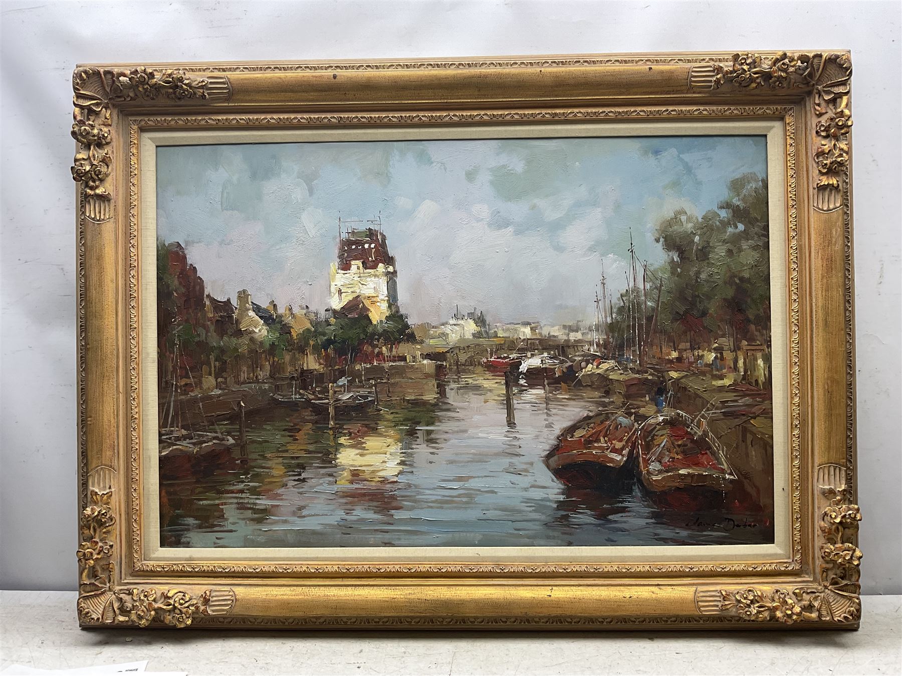 James Derbar (Continental 20th Century): 'Rotterdam Old Harbour', oil on canvas signed, titled verso 60cm x 90cm
