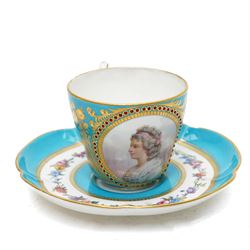 Sevres dejeuner 'Bleu turquoise' tea service for six covers, decorated by Charles-Eloi Asselin, comprising six teacups and saucers, teapot, milk jug and covered sucrier, the bleu de ciel ground painted with portraits of the French courtiers, each piece with name to base (some rubbed) of those depicted, to include Marie Antoinette (teapot), Madame de Montesson, Madame du Barry, Madam de Genlis, Madame Elizabeth (sucrier), Madame de Lamballe (milk jug) Madame Victoire, and two others unidentified, within finely painted gilt surround, each portrait encircled by red jewelled borders, the saucers with corresponding monograms within similar floral gilt and jewelled borders, Sevres mark to base with painted 'ee', dating these 1782, teapot H14cm 