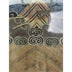 Early 20th century Chinese silk work tapestry, depicting a crane flying over a river, H30cm 