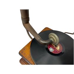 Early 20th century oak cased gramophone, the motor marked 'Garrard No.20 REF No.1030', with ribbed oak horn, base 30cm square; with one 78rpm record and Columbia tin of needles