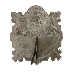 18th Century style cast bronze wall sundial, decorated with Neptune riding a chariot drawn by two sea horses, with spurious date of 1705, H34cm