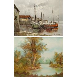 W Jones (20th century): Harbour Scene, oil on canvas signed 45cm x 60cm; I Cafieri: Landscape, oil on canvas signed 50cm x 60cm (2)