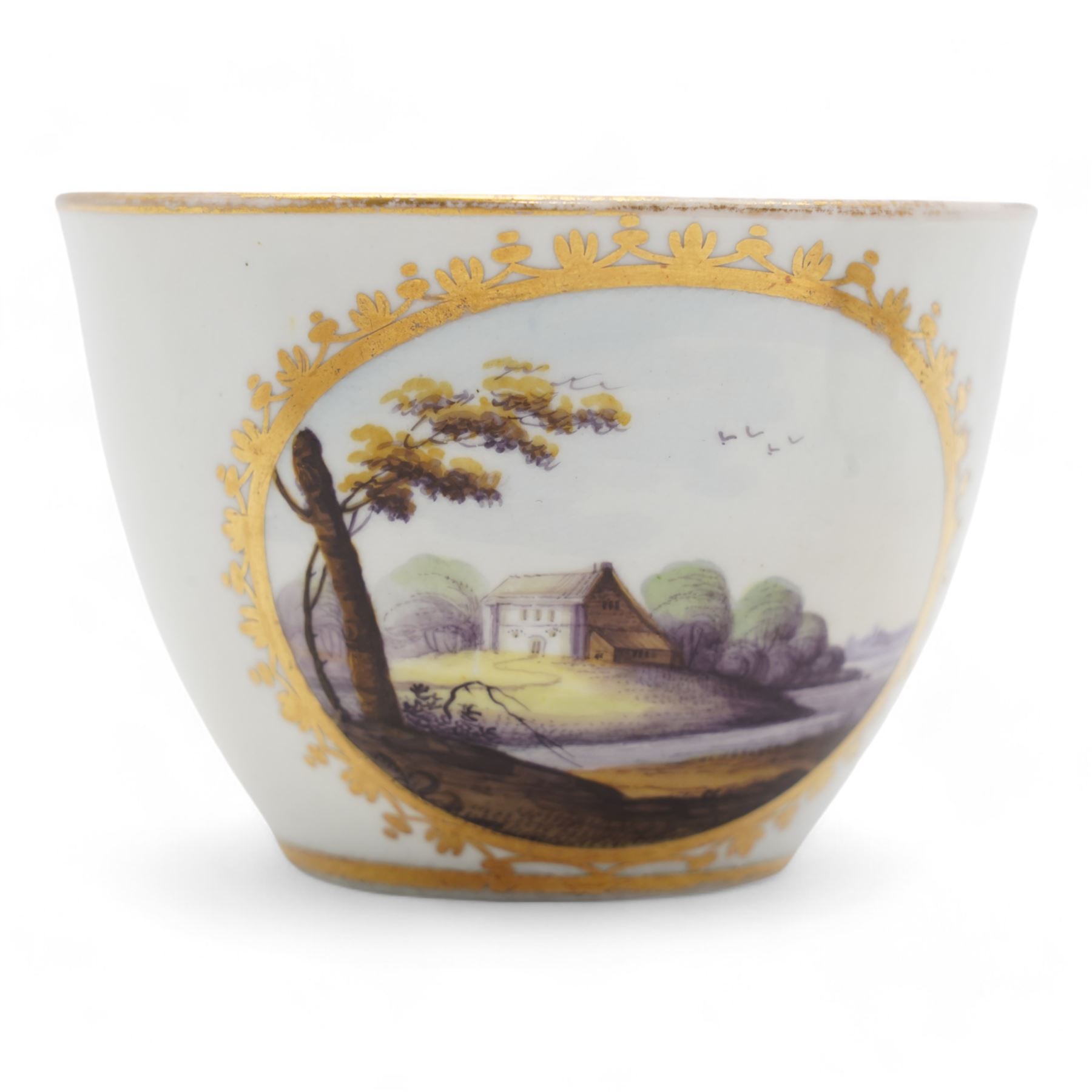 Set of four Pinxton porcelain bute shaped teacups and saucers, circa 1796-1813, pattern no. 58, painted in polychrome with circular landscape panels within gilt husks and sprigs, all saucers numbered 58 beneath, saucer D14cm, teacup H6cm (8)