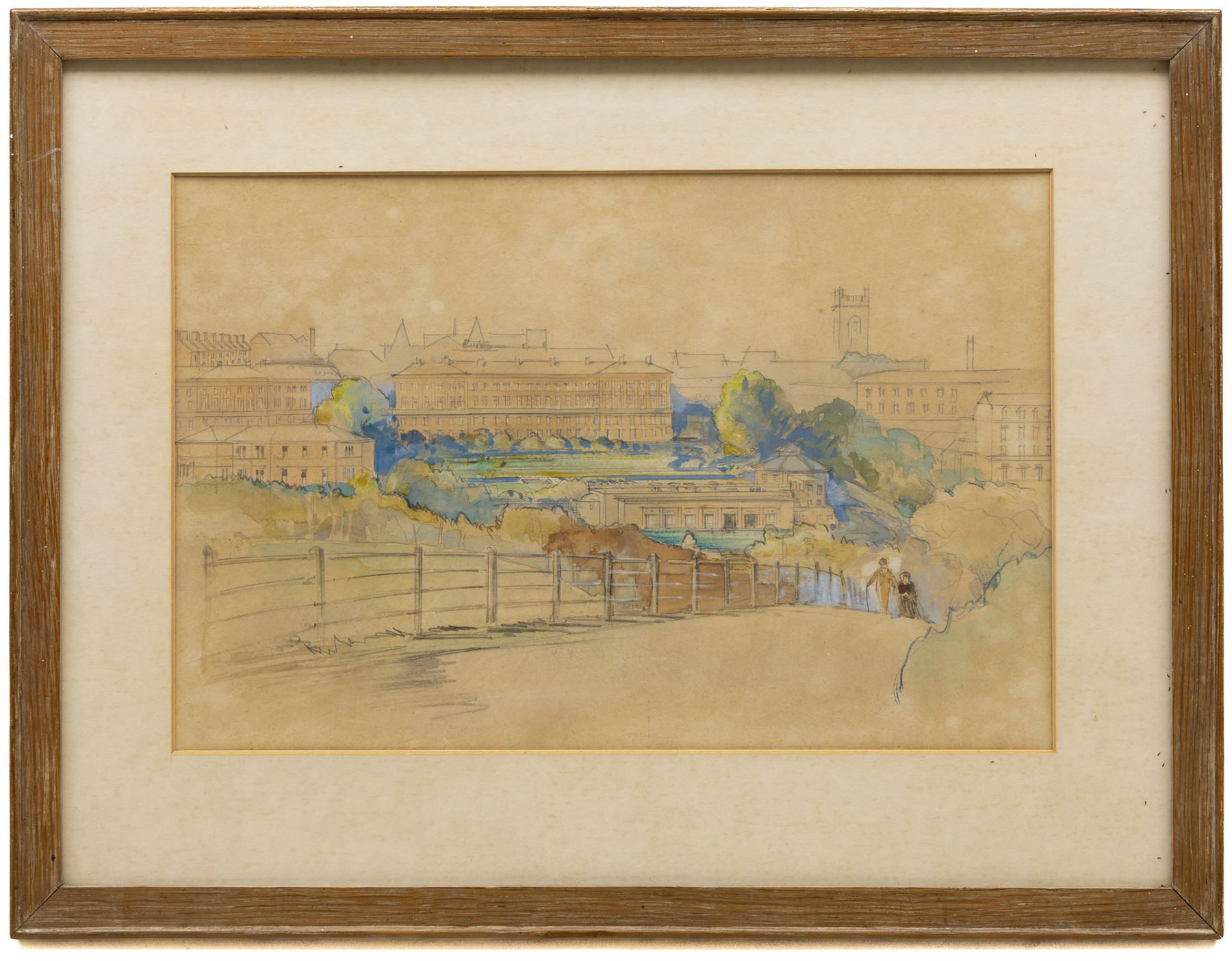 English School (Late 19th century): Architectural View of the Crescent Scarborough overlooking the Art Gallery from the South cliff, pencil with colour washes unsigned 21cm x 31cm 