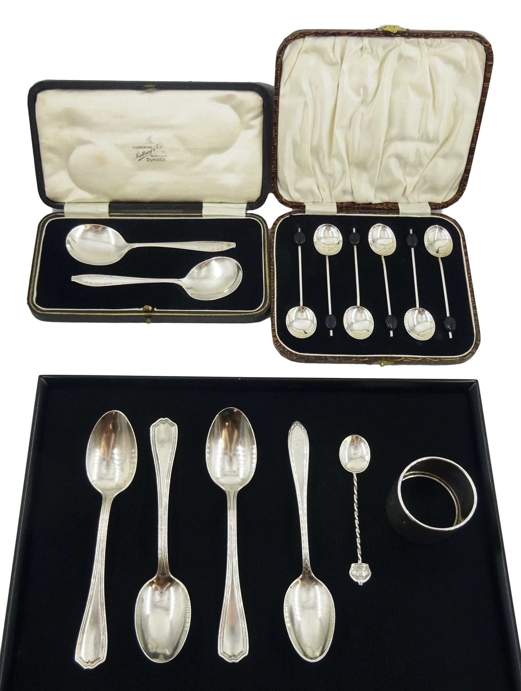 Pair of silver christening spoons by Cooper Brothers & Sons Ltd, Sheffield 1929 cased, four silver teaspoons and coffee spoon stamped sterling, silver napkin ring and six coffee bean spoons, hallmarked