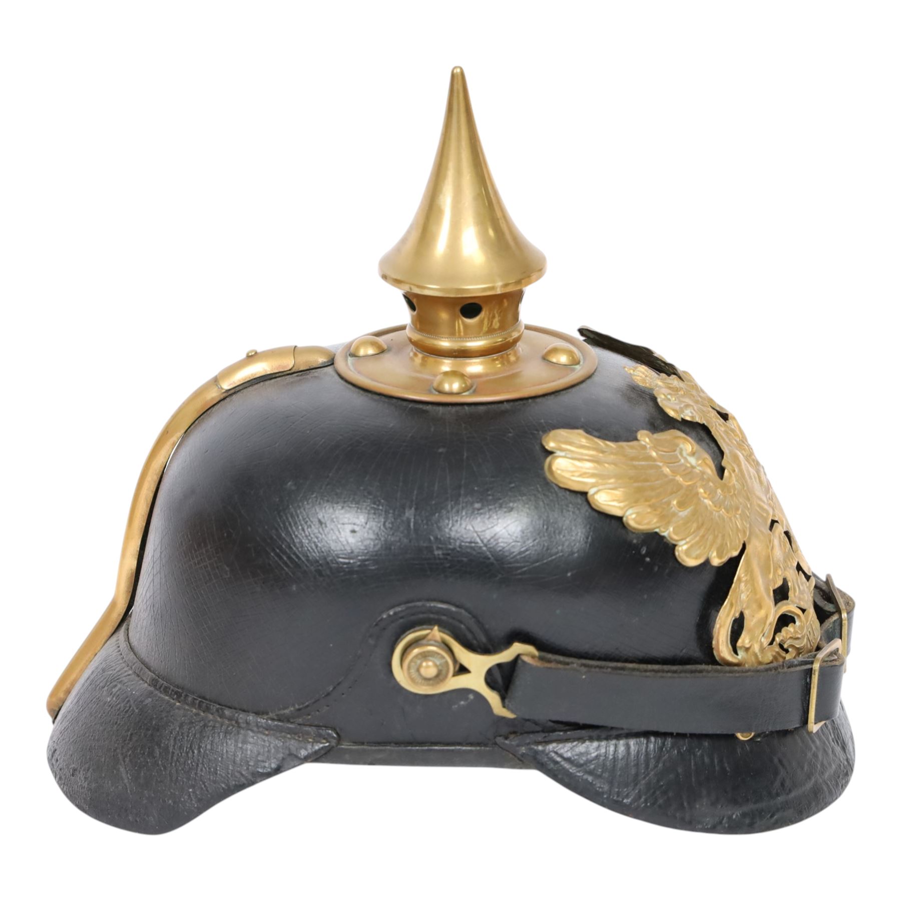 WWI Prussian M1895 Pickelhaube, Infantry 48 3rd battalion, the black leather skull with brass spike finial, brass eagle helmet plate and leather chin strap, one side with a black cockade, with leather lining  marked JR48 
