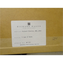 Richard Pikesley (British 1951): 'A Cage of Ducks', watercolour signed, titled verso on Richard Haegen, Broadway gallery label verso 11cm x 30cm