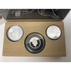 Royal Dutch Mint 'Europe Remembers' silver three coin set, comprised of Royal Canadian Mint 2020 one dollar '75th Anniversary of V-E Day', The Royal Mint 2020 one pound '75th Anniversary of VE Day' and Royal Dutch Mint 2020 five euros '75 Years of Freedom', cased with certificate
