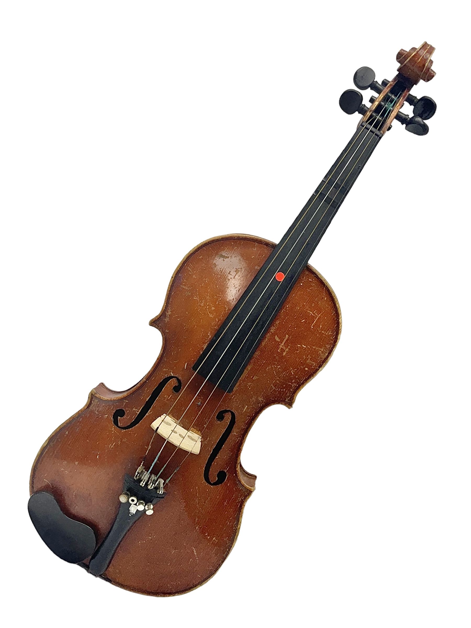 Early 20th century German Saxony three-quarter size violin with 34cm one-piece maple back and ribs and spruce top L55.5cm overall; in ebonised wooden 'coffin' case with bow