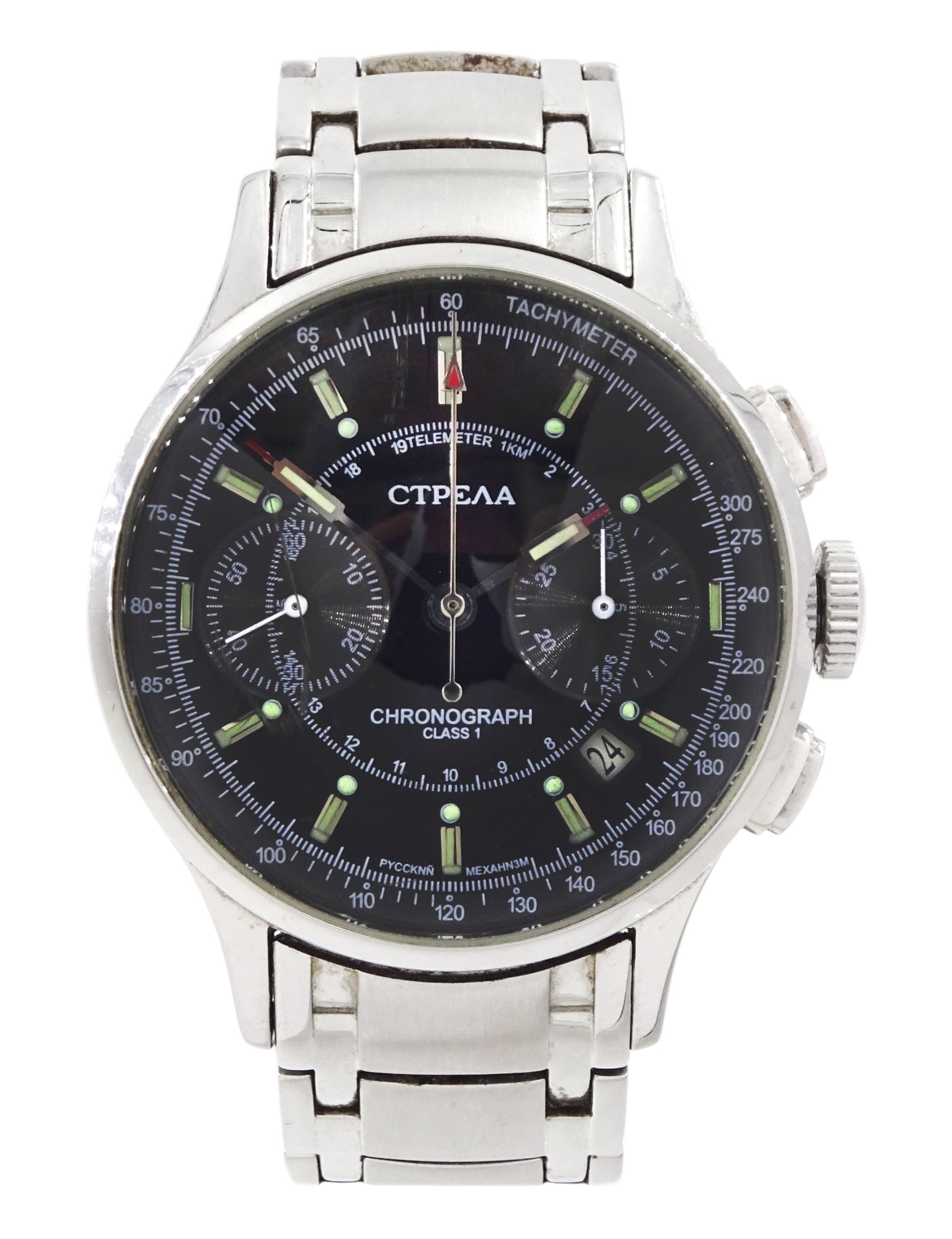 Strela Class 1 gentleman's stainless steel manual wind chronograph wristwatch, Cal. Poljot 3133, black dial with date aperture, on stainless steel steel bracelet, boxed