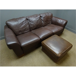  Three seat brown leather sofa with footstool, W220cm  