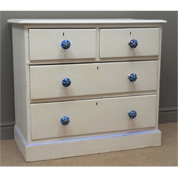  Victorian pine chest, white paint finish, two short and two long drawers, plinth base, W91cm, H81cm, D50cm  