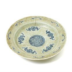 Chinese celadon dish, painted with bats in underglaze blue and with central Shou character to bowl, bearing apocryphal four character Chenghua mark to base, D26cm