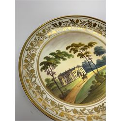 19th century English porcelain plate, of dished form hand painted with central view of figure on horseback passing before a country house, within a gilt foliate scroll border, with inscription verso 'Tofts Norfolk the House of J. Paine Galway Esq', and paper labels including Christie's lot label, D20cm