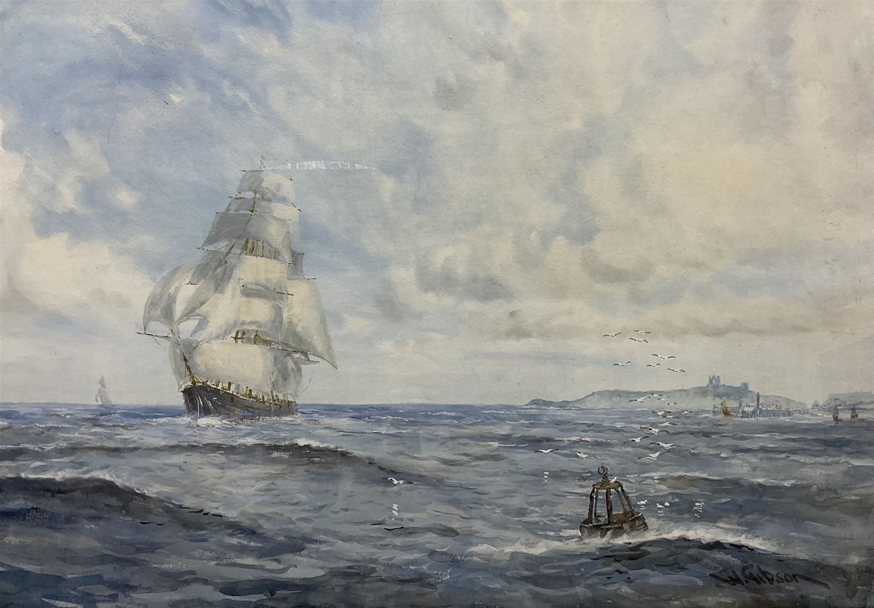 W Gibson (British early 20th century): Barque in Full Sail off Whitby, watercolour signed 46cm x 65cm