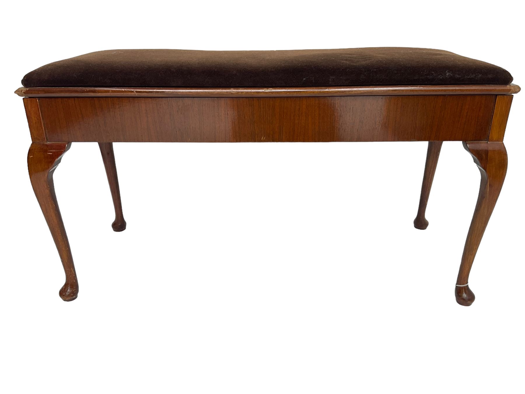 Early 20th century walnut duet piano stool, rectangular hinged lid with upholstered seat, on cabriole supports