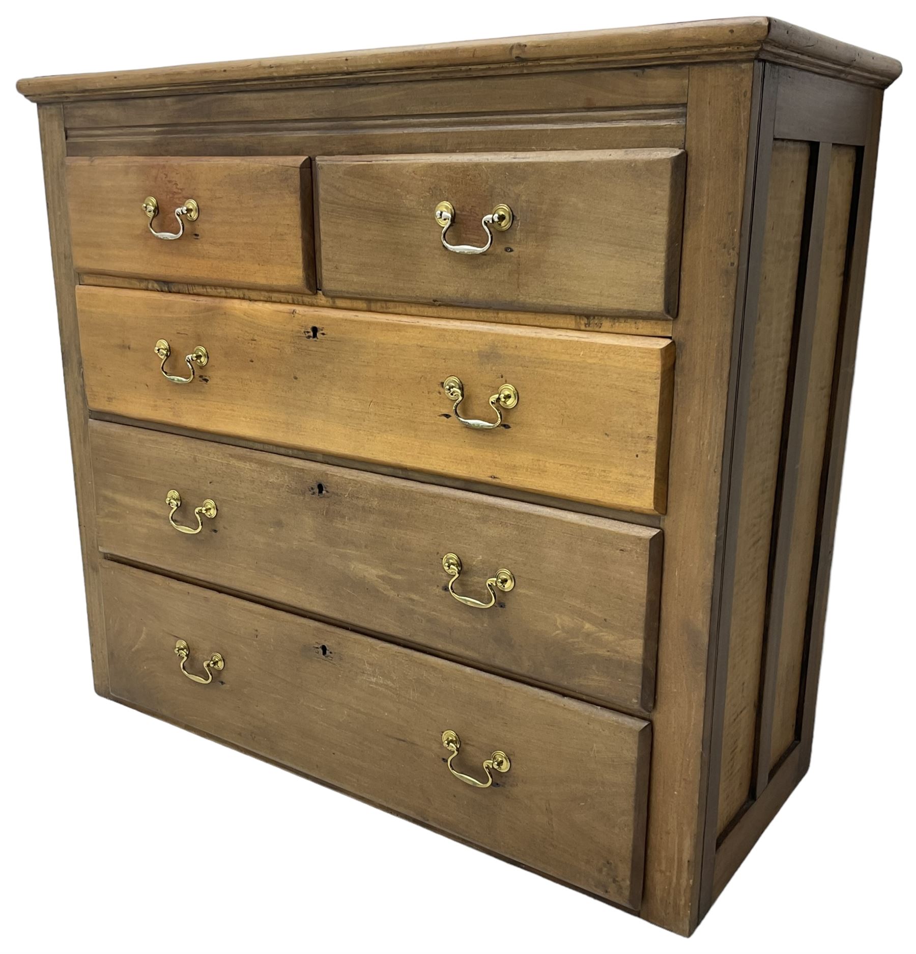 19th century walnut straight-front chest, fitted with two short and three long graduating drawers