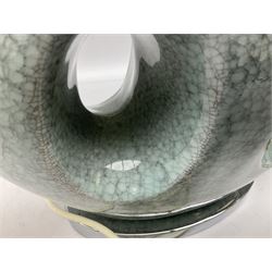 Pair of modern light blue crackle glaze effect blue table lamps, of circular form with tall neck, overall H50cm