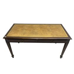 George III design mahogany writing table, rectangular top with inset leather writing surface,  fitted with two frieze drawers, raised on square tapering supports with spade feet