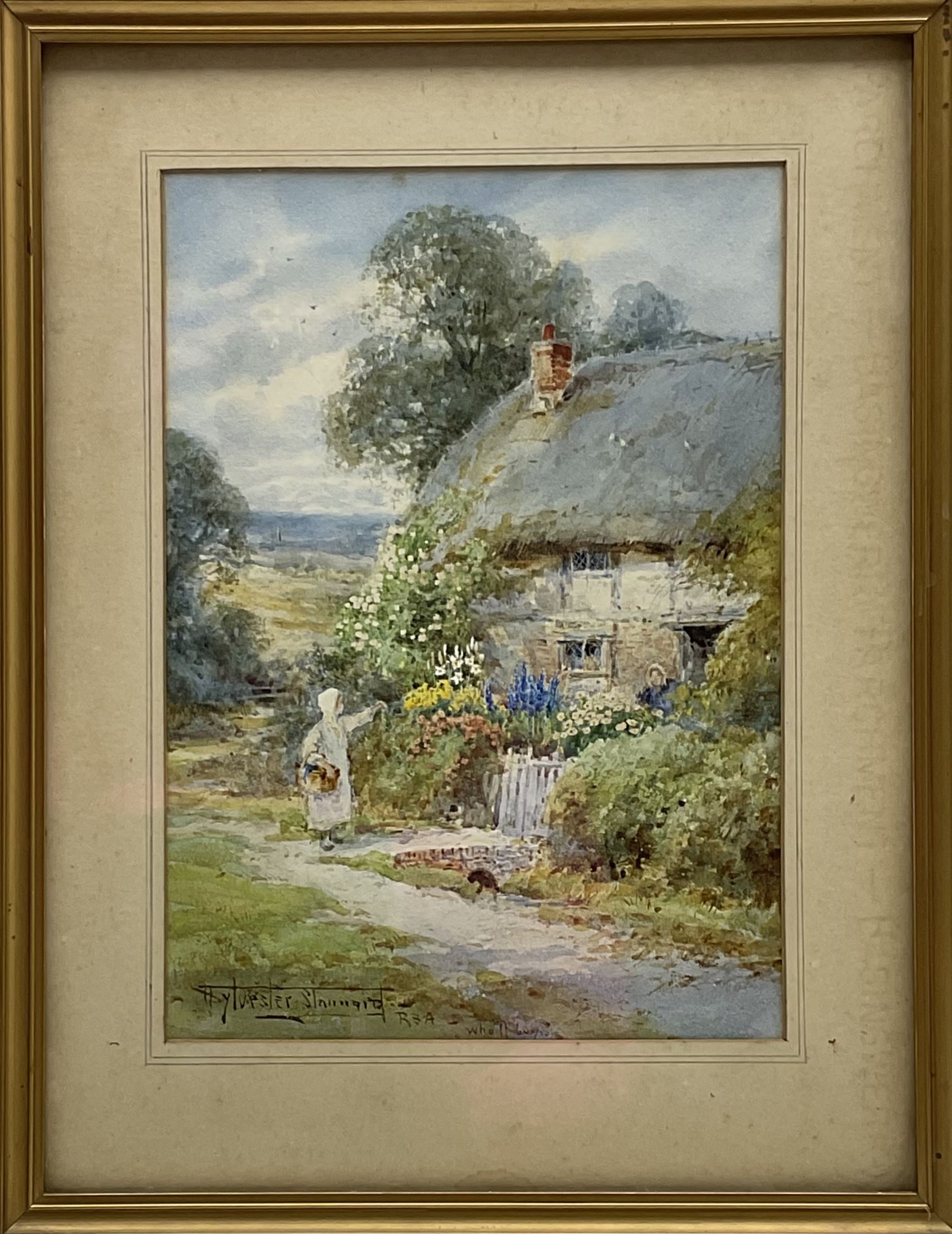 Henry John Sylvester Stannard (British 1870-1951): 'Who'll Buy?' Gypsy Girl at a Thatched Cottage Gate, watercolour signed and titled 24cm x 17cm