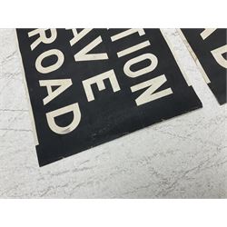 Three mid 20th century Scarborough bus destination blind sections, 'Railway Station, Falsgrave, Scalby Road', 'Marine Drive, West Pier' and 'Railway Station, Ramshill RD, Filey Road', each L78cm H30cm