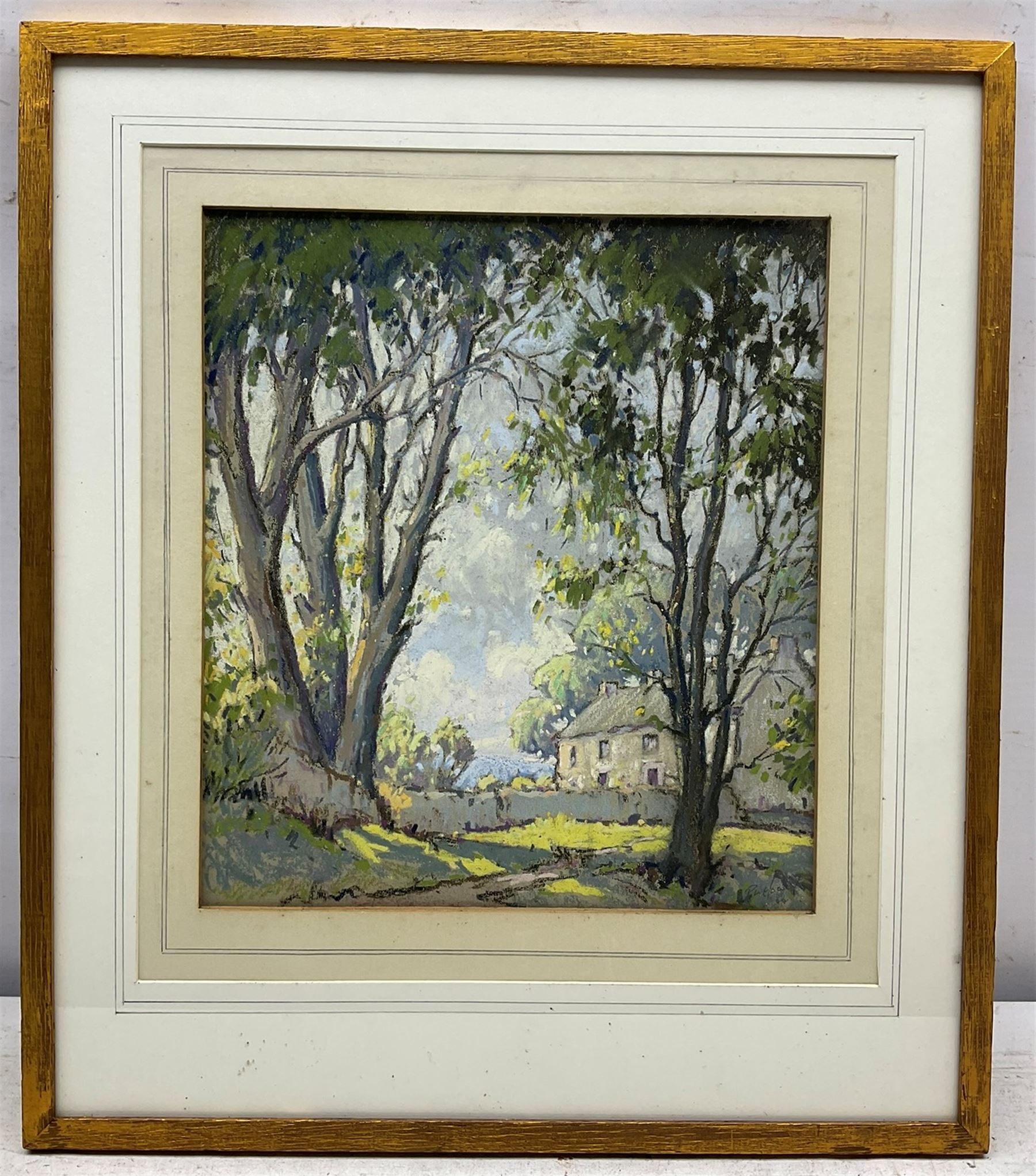 Robert Leslie Howey (British 1900-1981): 'A Cottage in Weardale', pastel signed and dated '44, titled on label with artist's Hartlepool address verso 25cm x 25cm