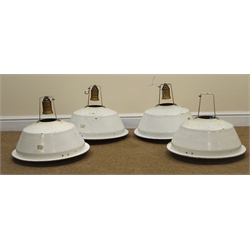  Set of four industrial white enamel pendant light fittings, three having a three tier diffuser, D501cm (4)  