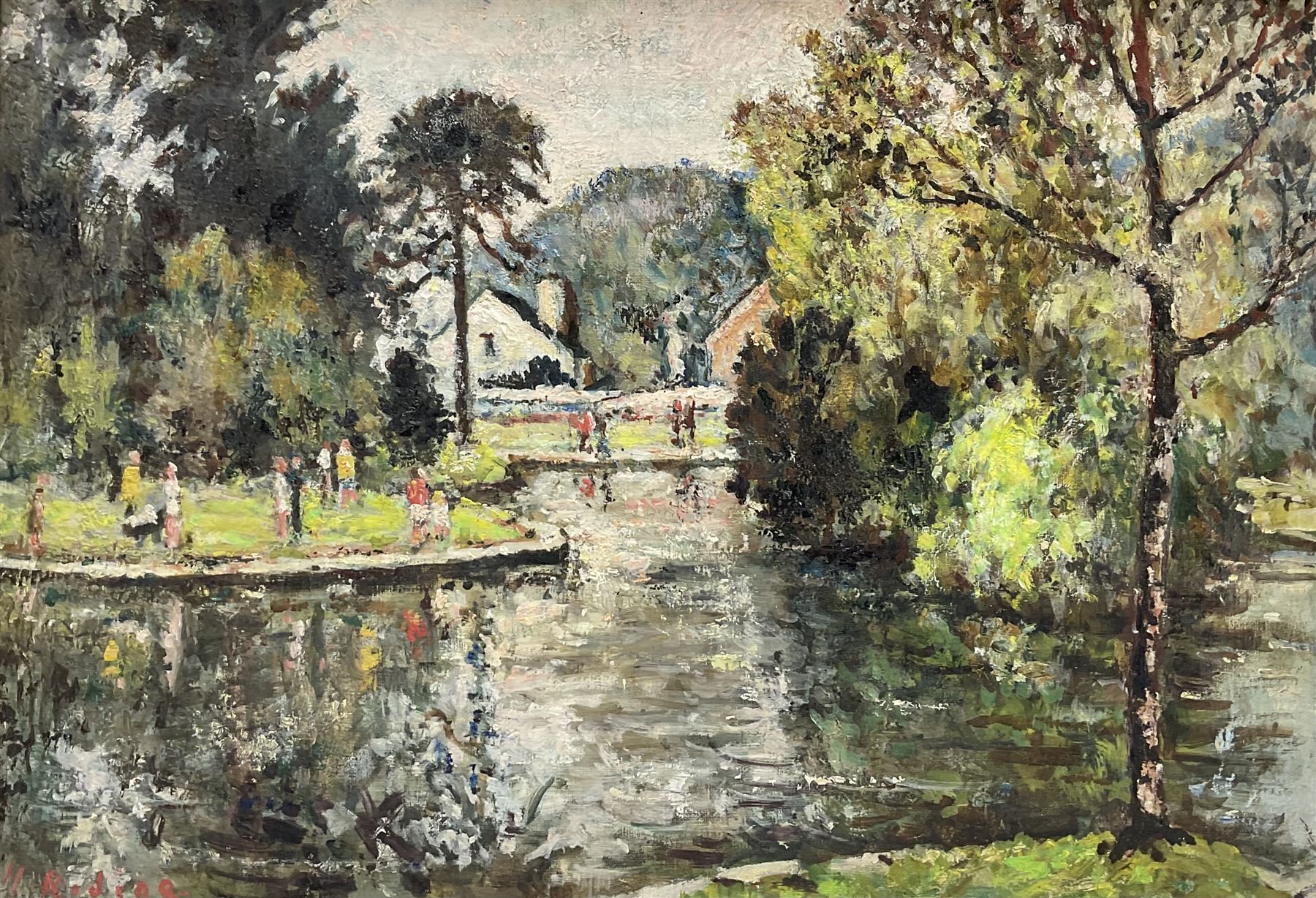 Harold Lawson Riding RCA (British 1886-1981): 'Spring Time in the Gardens', oil on board signed, titled verso 44cm x 63cm