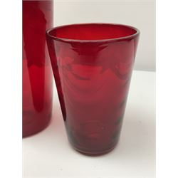 Marriott Powell for Whitefriars, Optic Wave red glass bucket vase, together with similar smaller example, tallest H20cm