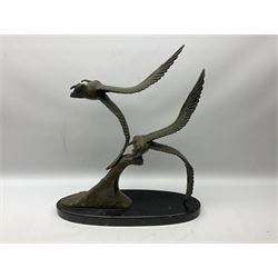 Art Deco sculpture, after Rulas, modelled as two gulls in flight upon a on marble base, signed Rulas, H63cm
