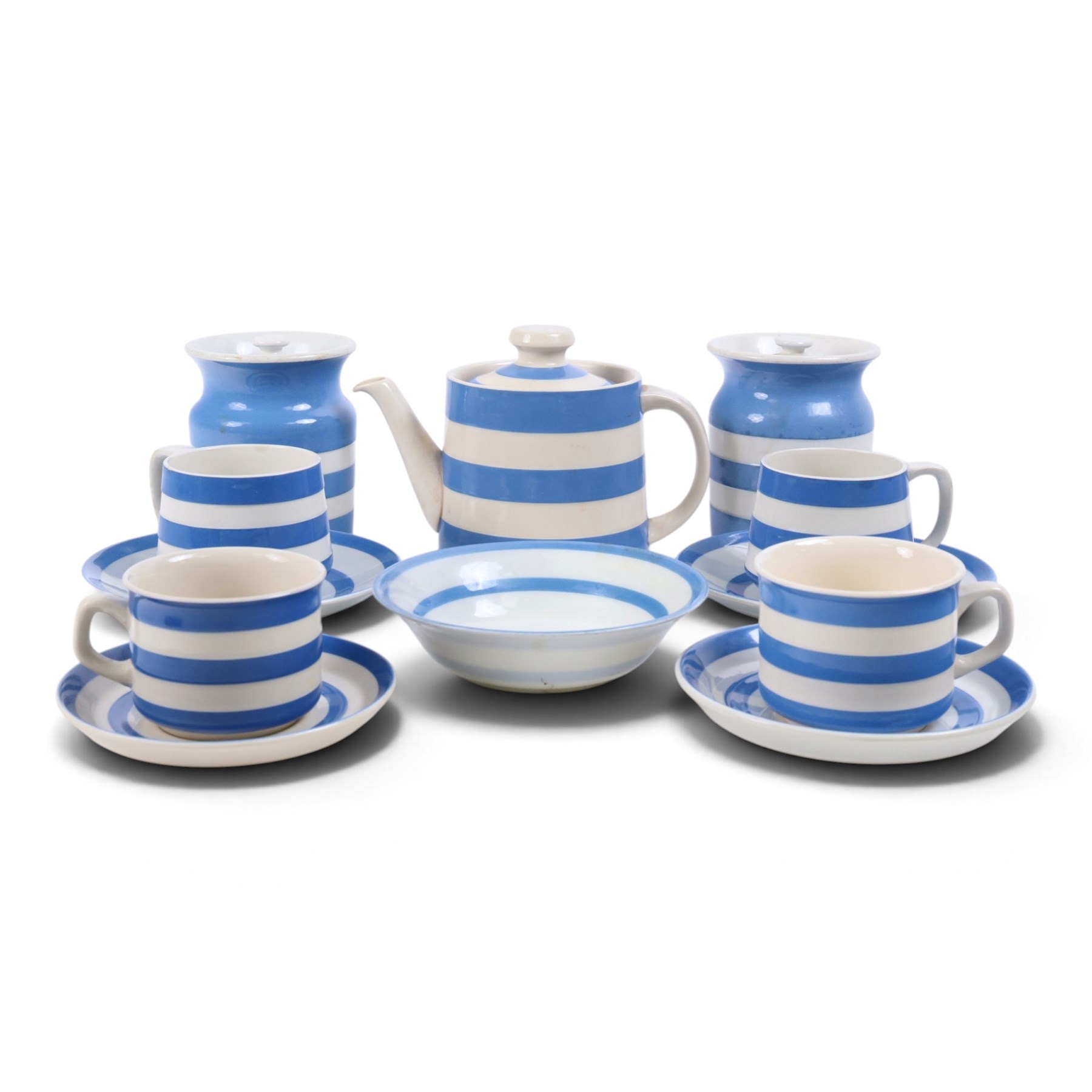 Collection of TG Green Cornishware blue and white, including teapot, two covered jars, cups and saucers etc 