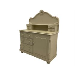 Victorian white painted pine chiffonier dresser, raised back with small drawers, fitted with single cupboard and three drawers