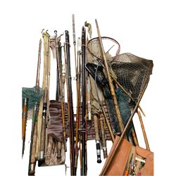 Fishing tackle and miscellaneous items including fishing gaff, various rods including cane examples, nets etc