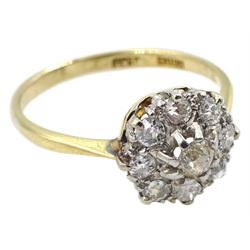 18ct gold old cut diamond cluster ring, stamped 18ct Plat, total diamond weight approx. 0.50 carat