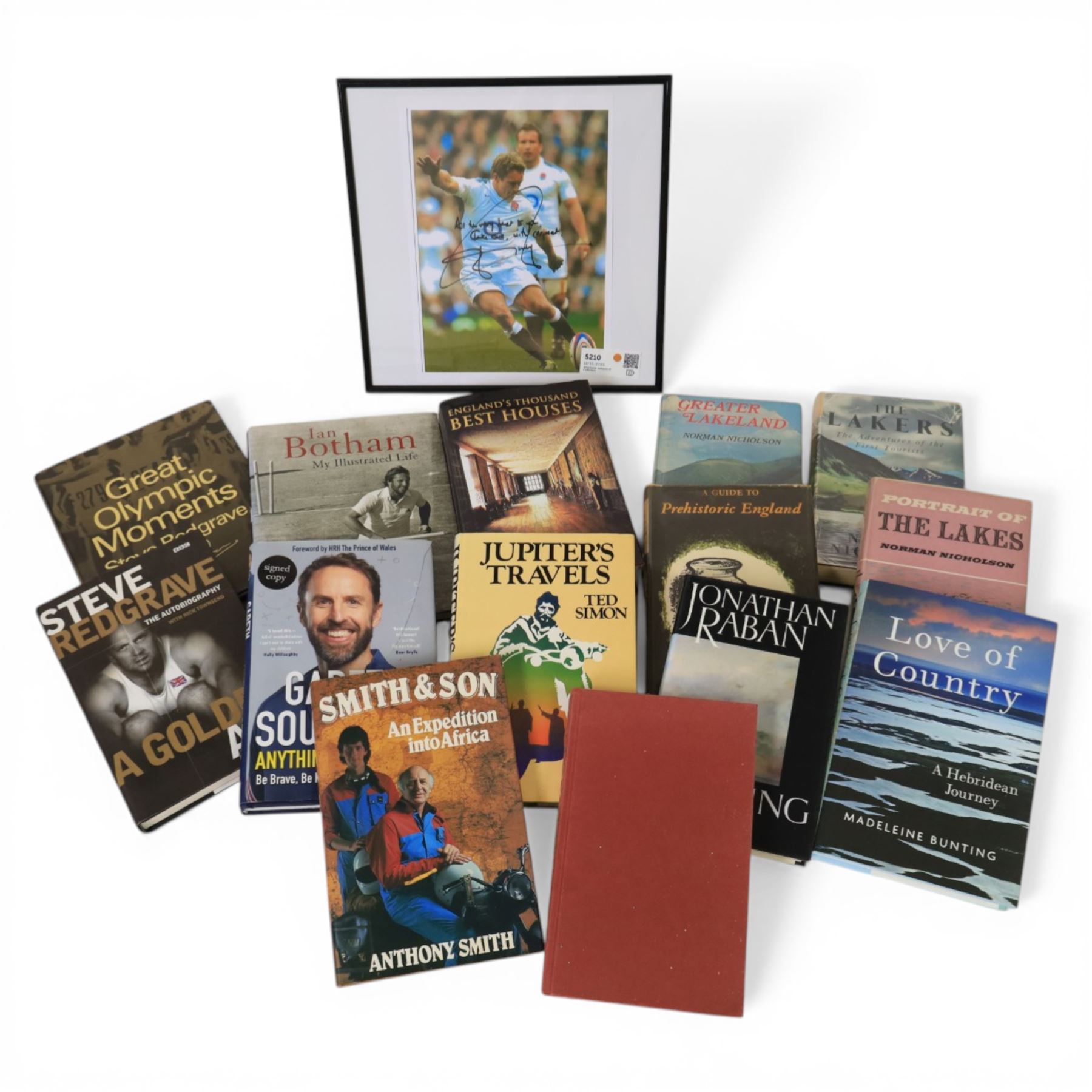 Ten travel related books, including Ted Simon Jupiter's Travels, On Tour The British Traveller in Europe, Norman Nicholson The Lakers, Greater Lakeland and Portrait of the Lakes and Nicholas Thomas A Guide to Prehistoric England and signed sporting books and photographs, comprising Johnny Wilkinson 11.5 x 8