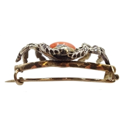 Victorian gold and silver spider brooch, set with diamonds, coral and a grey split pearl 