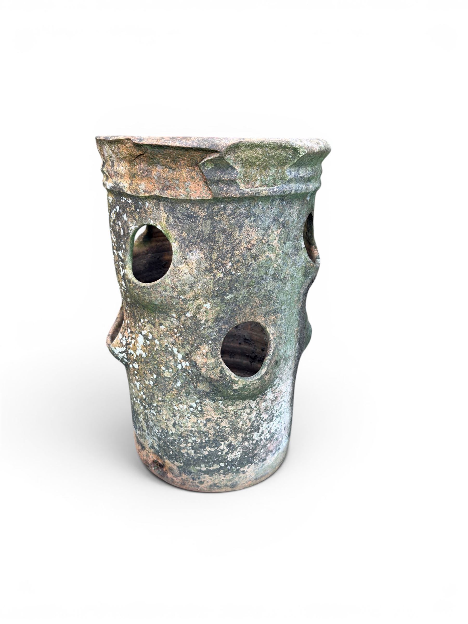 Set of five weathered terracotta strawberry pots, circular form with ribbed top