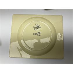 Clarice Cliff Biarritz part dinner set, circa 1930, for Royal Staffordshire, of rectangular form, decorated with bluebells, to include one serving plate, six dinner plates, three side plates, etc, printed mark beneath with reg no 784849 (17)