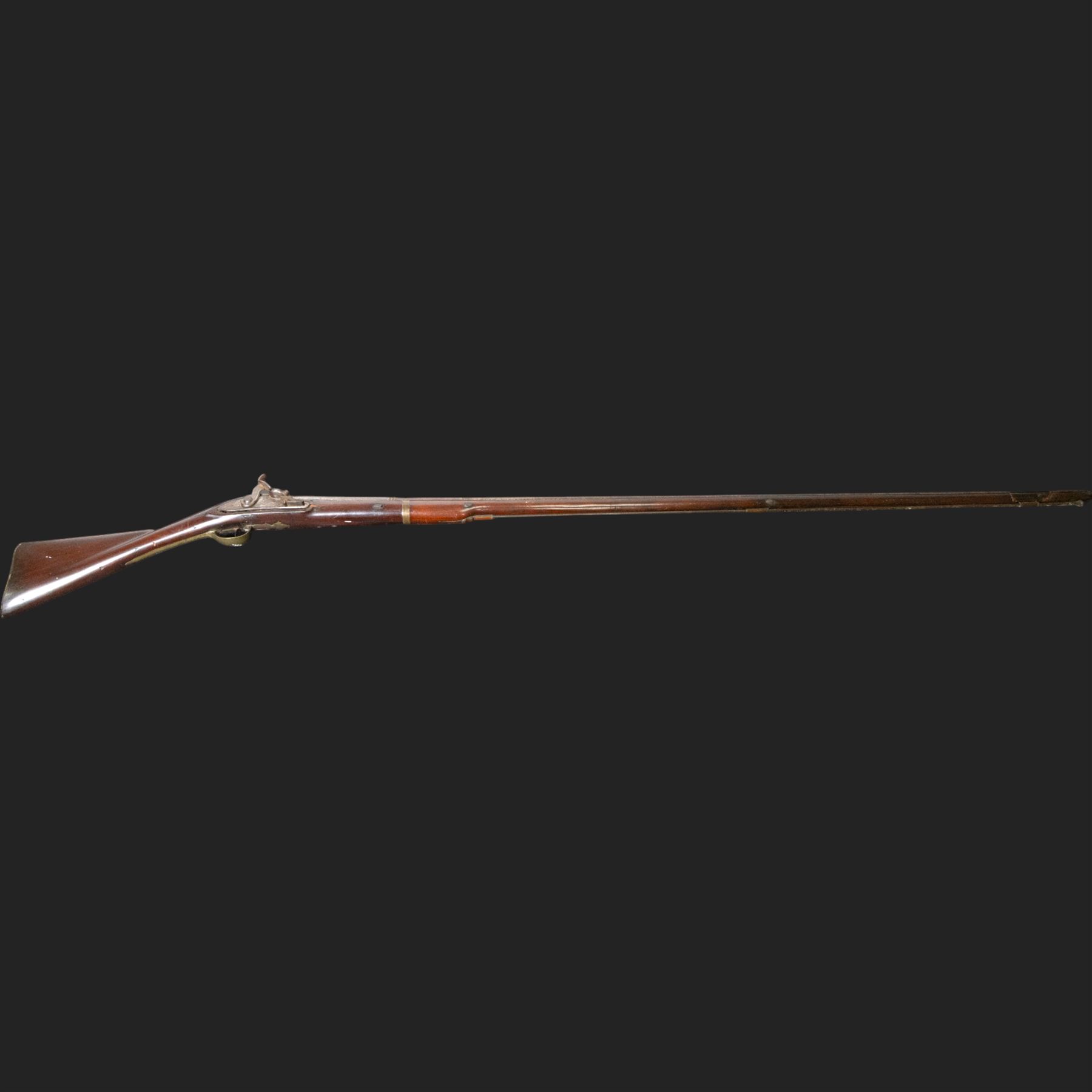 19th century Indian Brown Bess style flintlock musket, the 138cm round steel barrel ram rod beneath, overall L174cm