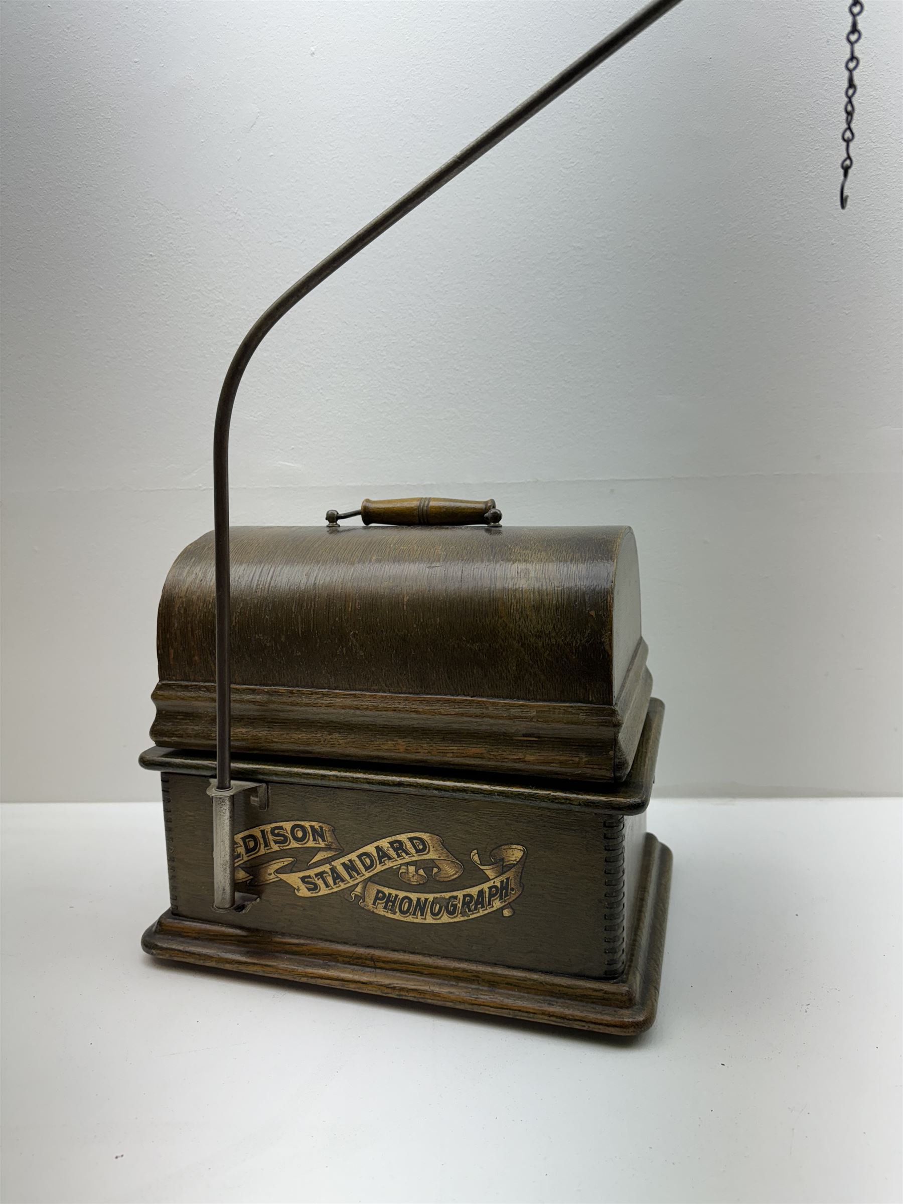 Early 20th century Edison Standard phonograph, with lift-off oak cover, Serial No S160855, brass horn, W25cm