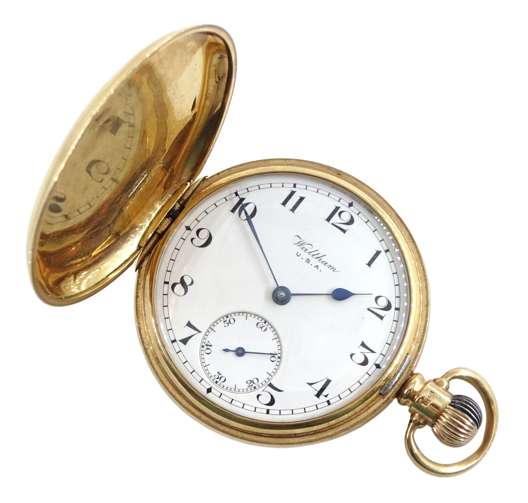 9ct gold full hunter 7 jewels keyless Traveller pocket watch by Waltham U.S.A, No. 23280142, white enamel dial with Arabic numerals and subsidiary seconds dial, case by Aaron Lufkin Dennison, Birmingham 1921