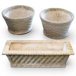 Cast stone basket weave rectangular planter, together with two circular stone planters wit...